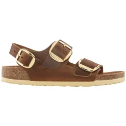 Birkenstock Sandals<Ladies Oiled Leather Sandals - Milano Big Buckle - Cognac
