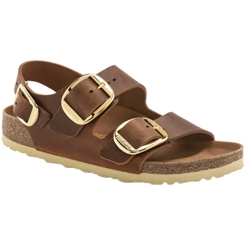 Birkenstock Sandals<Ladies Oiled Leather Sandals - Milano Big Buckle - Cognac