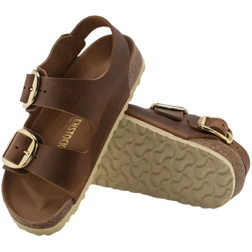 Birkenstock Sandals<Ladies Oiled Leather Sandals - Milano Big Buckle - Cognac