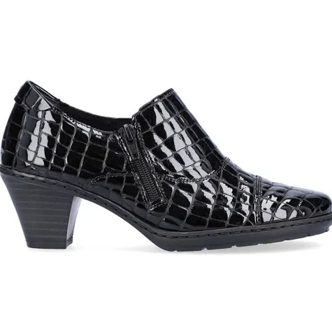 Rieker Heels<Ladies Block Heeled Shoes - 57173-03 - Black Croc