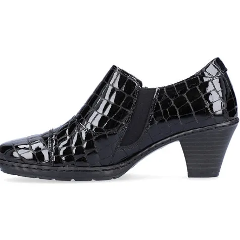 Rieker Heels<Ladies Block Heeled Shoes - 57173-03 - Black Croc