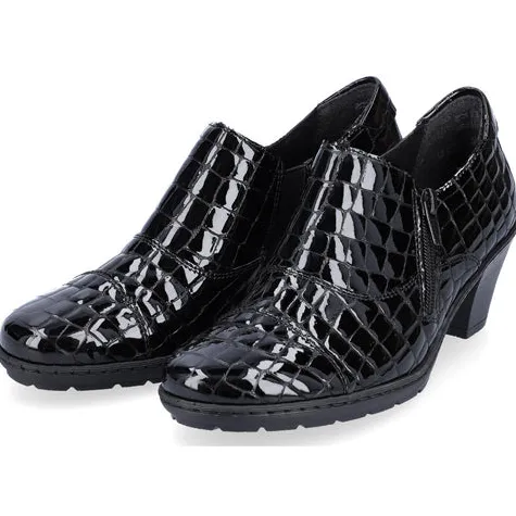 Rieker Heels<Ladies Block Heeled Shoes - 57173-03 - Black Croc