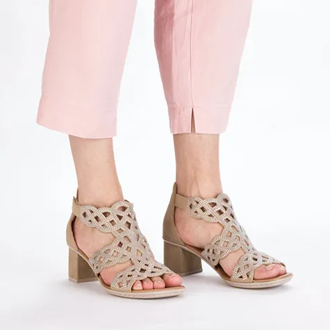 Rieker Heels<Ladies Block Heeled Sandals - 64773-61 - Gold