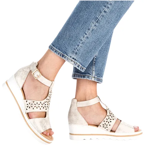 Rieker Sandals<Ladies Wedge Sandals - 67481 - Beige/Gold