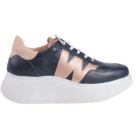 Wonders Trainers<Ladies Platform Trainers - A-3625 - Navy/Rose Gold